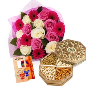 500gms Dry Fruits with 18 Mixed Flowers Bunch